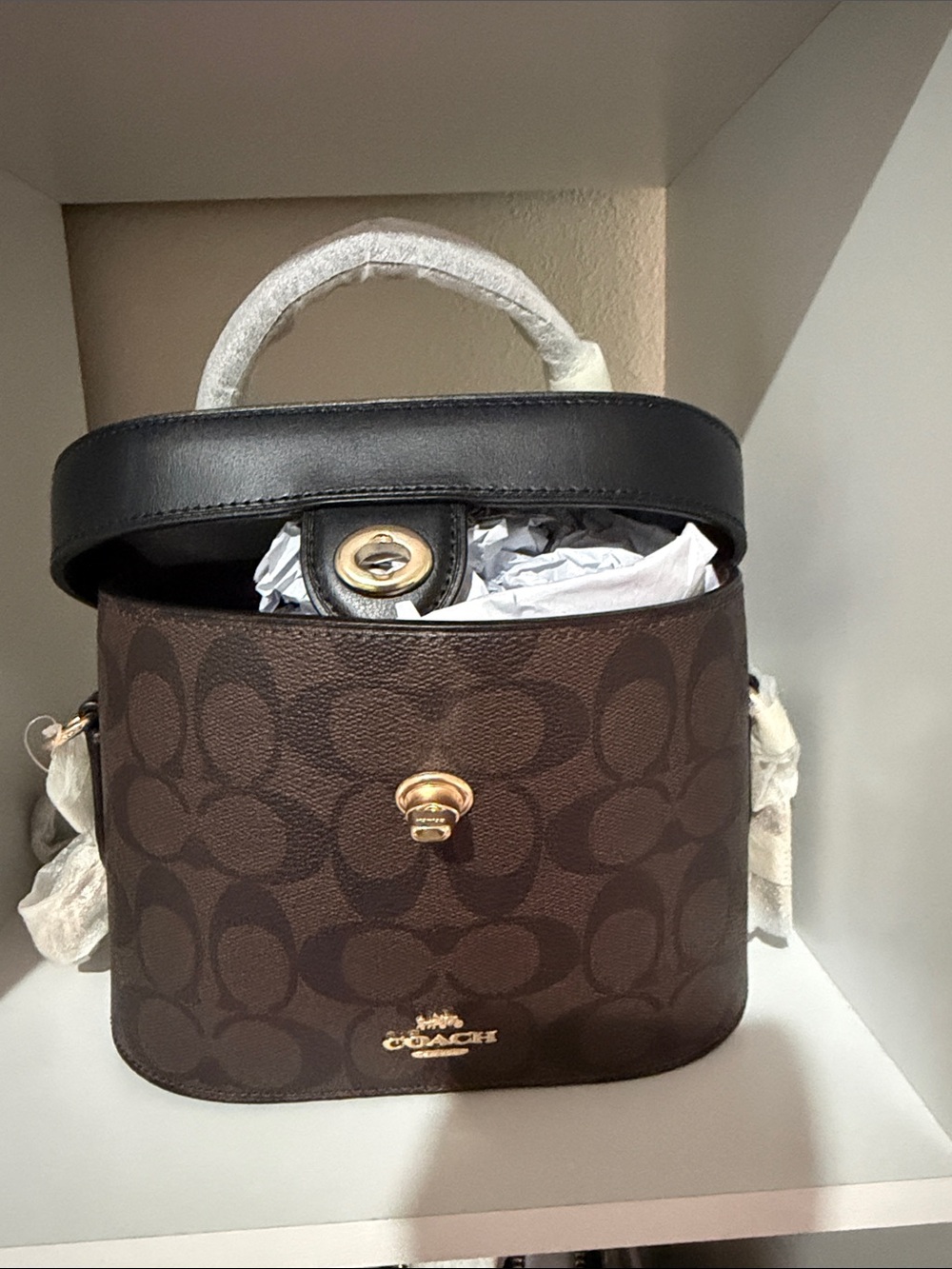 Coach Brown and Black Signature Crossbody Top Handle Bag